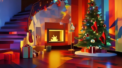 Christmas Living room in cubist style - tree - fireplace - lights - stockings - presents - festive - holiday decorating - home for the holidays 