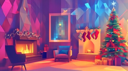 Christmas Living room in cubist style - tree - fireplace - lights - stockings - presents - festive - holiday decorating - home for the holidays 