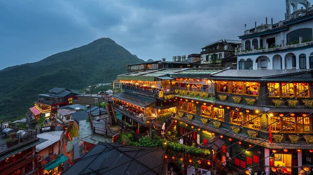 Zoom in Time lapse of jiufen village at night in Taipei Taiwan.