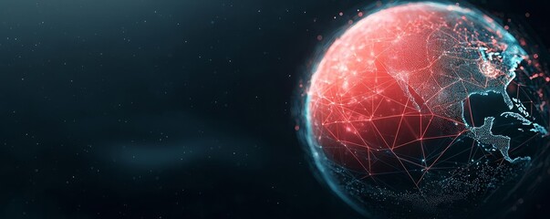 Glowing red planet in a dark space, emphasizing technological innovation and worldwide digital infrastructure