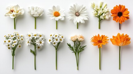 Fresh selection of flowers arranged on a white backdrop, highlighting the beauty of each unique bloom
