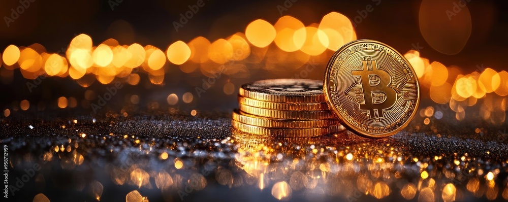 Poster close-up view of gold bitcoin coins stacked on a glittering surface, symbolizing digital currency an