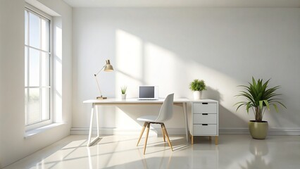 Fototapeta premium White desk with an empty space illuminated by natural light creating a bright stylish and minimal workspace captured from a low angle, uncluttered,white desk, minimal, concept, office