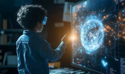 Child Interacting with a Futuristic Holographic Interface