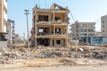 Devastated buildings in a war zone, highlighting the severe impact of warfare on infrastructure

