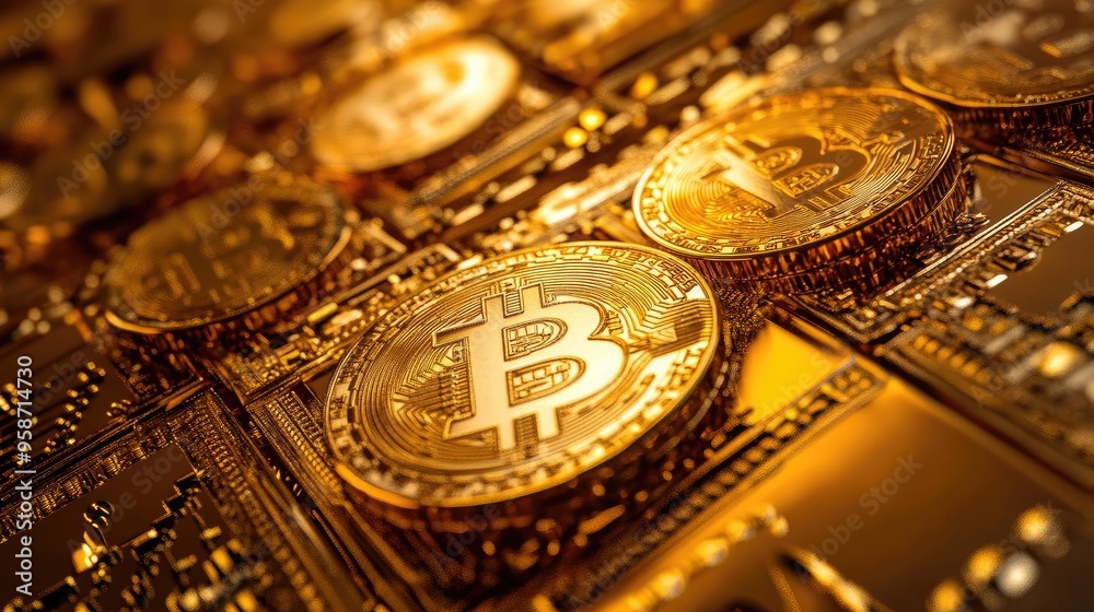 Poster close-up view of gold bitcoins showcasing the intricate design and value of cryptocurrency in a digi