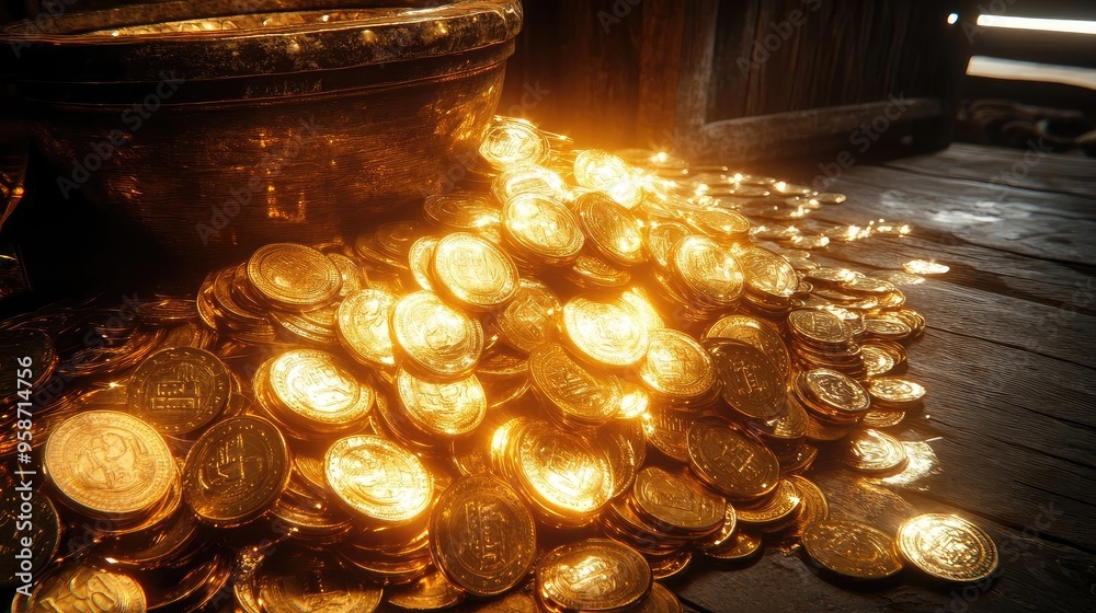 Poster a stunning pile of golden coins shimmering in warm light, creating an atmosphere of wealth and treas