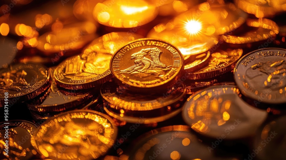 Poster a close-up view of shimmering gold coins stacked together, reflecting light and showcasing intricate