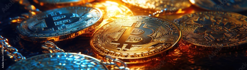 Poster close-up of shimmering gold cryptocurrencies, highlighting bitcoin with a dynamic light effect, symb