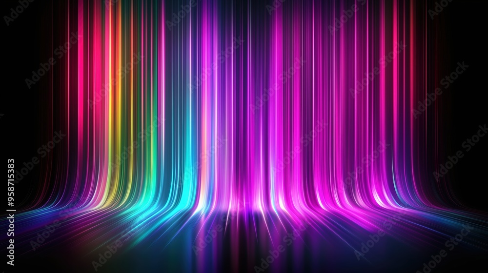 Poster Colorful spectrum background featuring vibrant vertical stripes and glowing light rays on a dark backdrop. The neon multicolored lights create a stunning gradient effect, with rainbow colors blending 