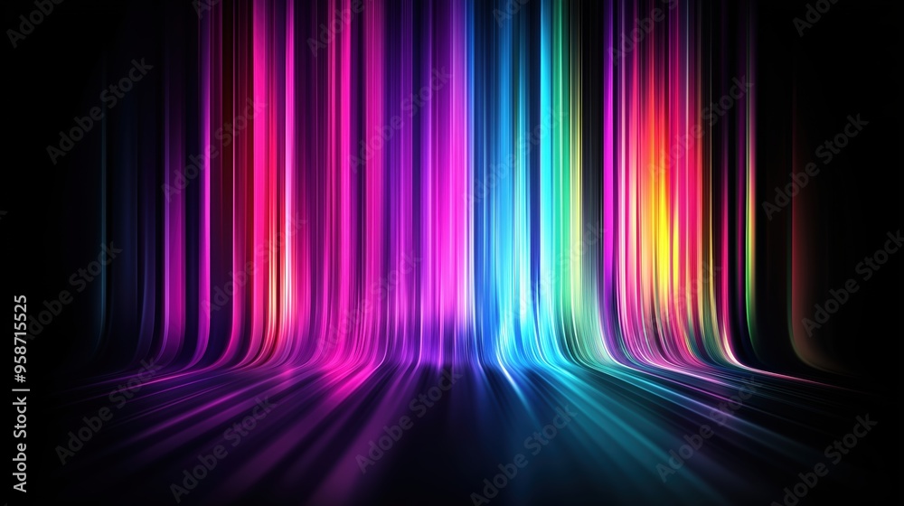 Poster Colorful spectrum background featuring vibrant vertical stripes and glowing light rays on a dark backdrop. The neon multicolored lights create a stunning gradient effect, with rainbow colors blending 