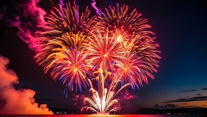 A breathtaking vibrant fireworks exploding in a dark blue night sky,New year celebration 2025