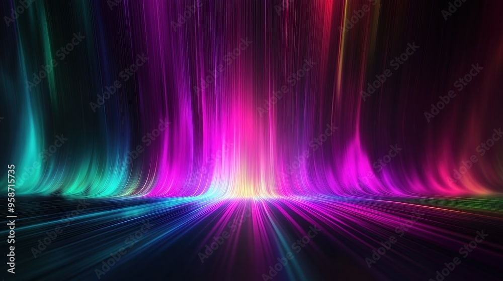 Poster Colorful spectrum background featuring vibrant vertical stripes and glowing light rays on a dark backdrop. The neon multicolored lights create a stunning gradient effect, with rainbow colors blending 