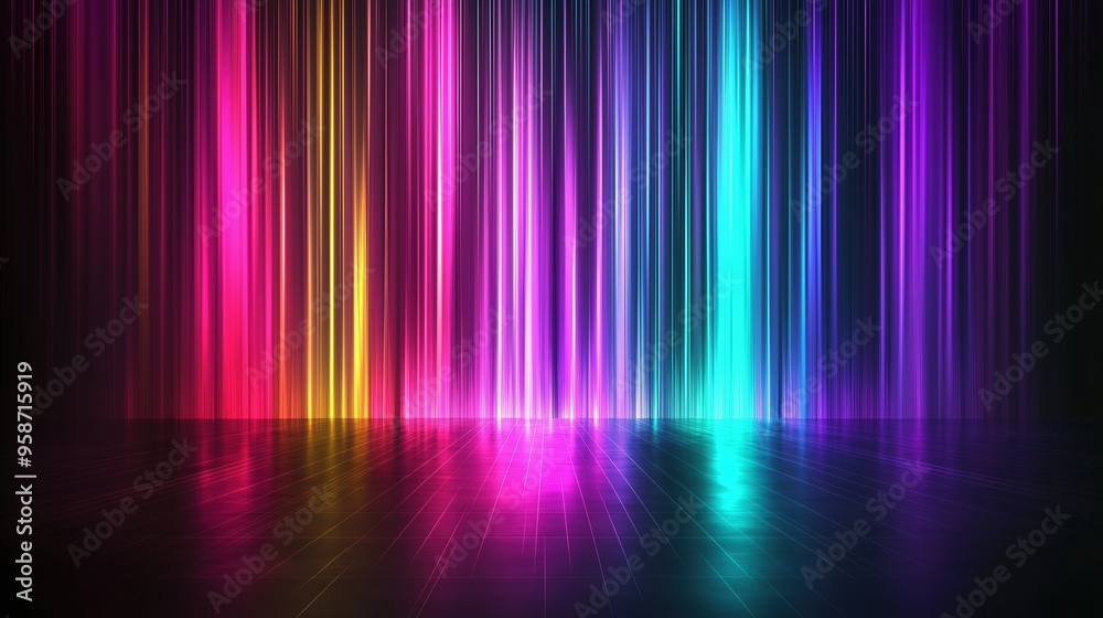 Poster colorful spectrum background featuring vibrant vertical stripes and glowing light rays on a dark bac