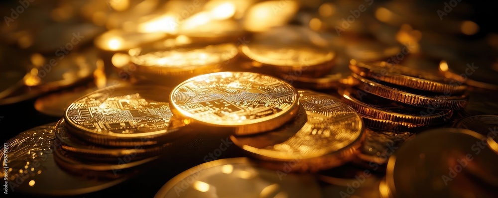 Poster close-up view of shimmering gold coins, reflecting light, symbolizing wealth and prosperity in a vib