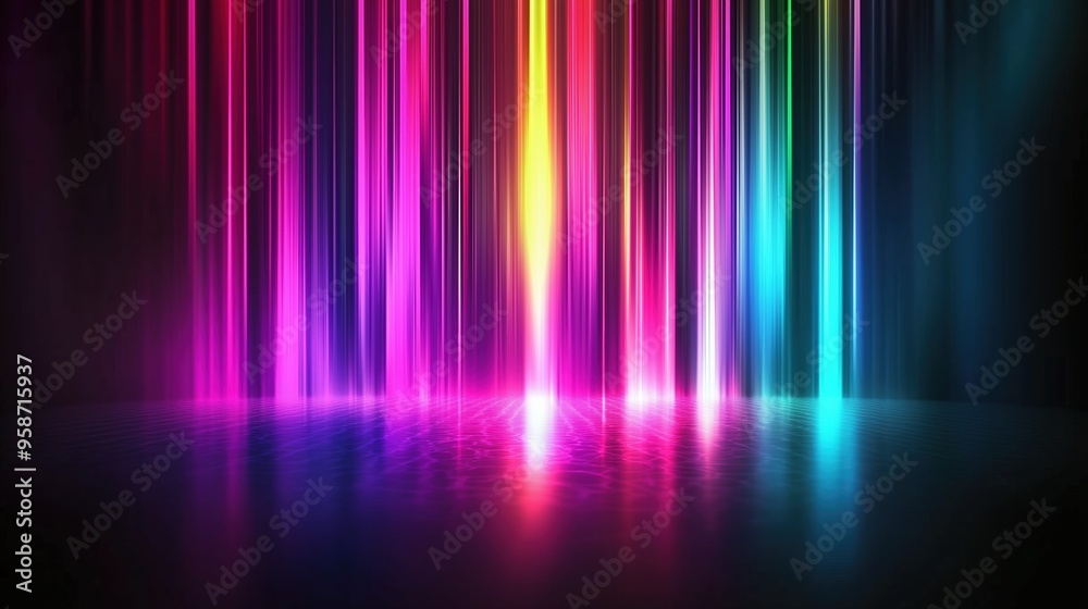 Poster Colorful spectrum background featuring vibrant vertical stripes and glowing light rays on a dark backdrop. The neon multicolored lights create a stunning gradient effect, with rainbow colors blending 