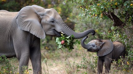 Mother Elephant Sharing Food with Calf in the Wild