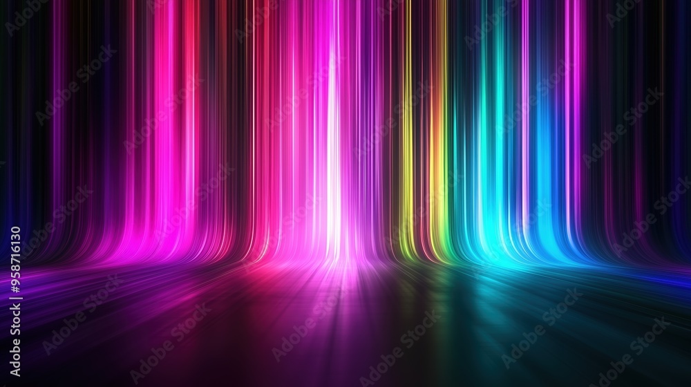 Poster colorful spectrum background featuring vibrant vertical stripes and glowing light rays on a dark bac
