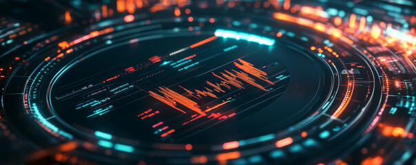 Futuristic trading platform interface displaying dynamic data visualization and analytics. vibrant colors and intricate design evoke sense of advanced technology and innovation.