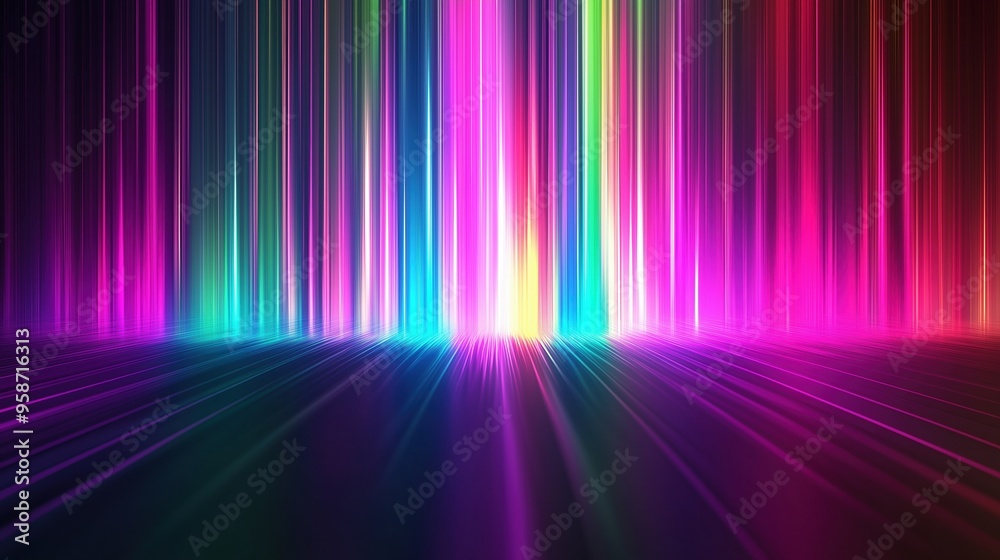 Poster Colorful spectrum background featuring vibrant vertical stripes and glowing light rays on a dark backdrop. The neon multicolored lights create a stunning gradient effect, with rainbow colors blending 