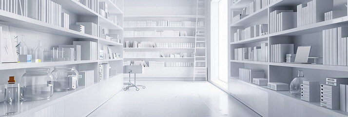 A sterile white room, filled with shelves of neatly organized books and laboratory equipment.