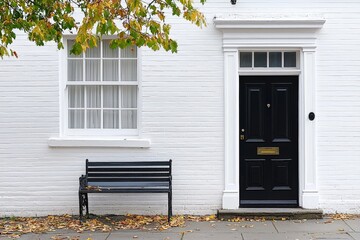 Elegant black front door on a clean white house with a tree and bench enhancing the cozy outdoor...