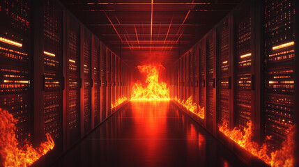 A modern data center with AI driven security features, illuminated by fiery flames, creates dramatic and intense atmosphere.