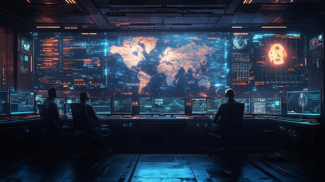 High-Tech Control Room with World Map Display Generative AI