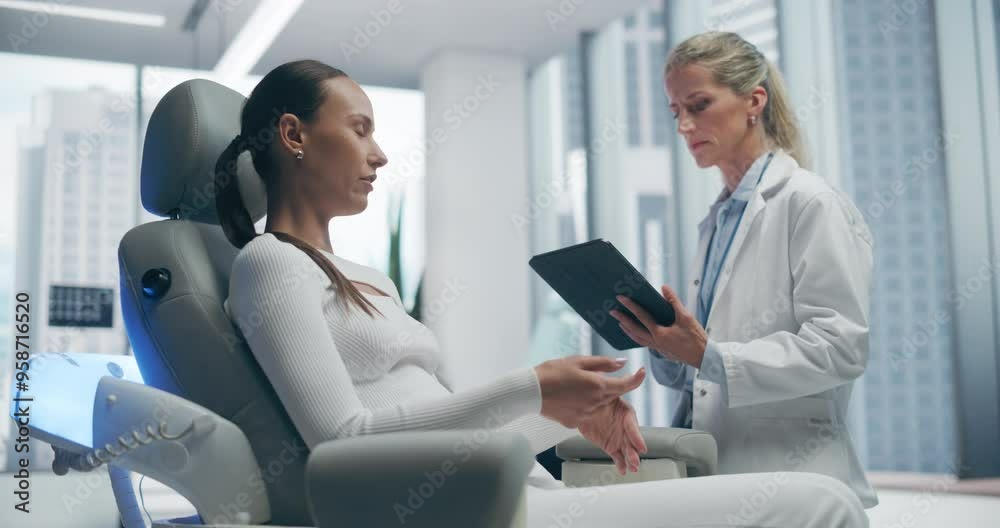 Poster female doctor consults with female patient in futuristic medical lab, discussing advanced healthcare