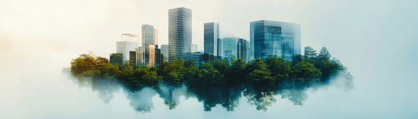 Fototapeta premium A modern city skyline emerges from lush greenery, symbolizing innovation and harmony between nature and urban life.