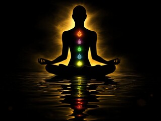 Silhouette of a Person Meditating with Chakra Symbols.