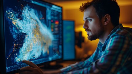 Meteorologist Interpreting Digital Weather Simulation on Map Interface