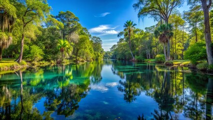 Serene morning scene of Little River Springs, surrounded by lush greenery and cypress trees, reflecting the clear blue