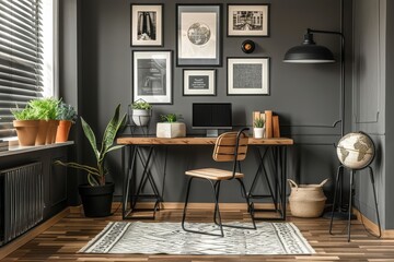  Stylish white and wood desk with metal legs and glass top, set against black walls with framed art. Modern workspace with cultural elements and soft lighting.