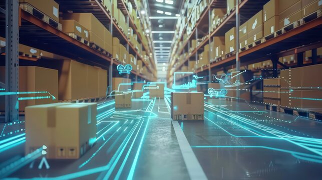 Cardboard boxes moving on a conveyor belt in a warehouse with glowing digital lines, signifying automation and technology. - Powered by Adobe