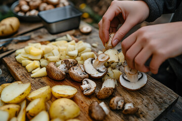 Hands preparing fresh mushrooms and potatoes on a wooden cutting board outdoors, emphasizing the importance of seasonal harvest cooking and natural ingredients.