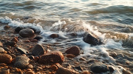 Obraz premium Seawater Crashing Against Pebbles on the Shore