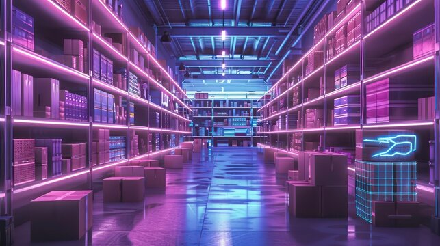 A futuristic warehouse with purple neon lights and boxes.