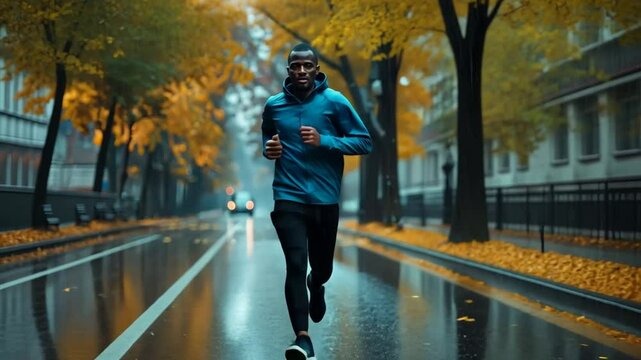 Rainy Day Runner: A determined man in athletic gear pushes through the rain, his focus unwavering as he runs along a wet city street, showcasing resilience and perseverance.  