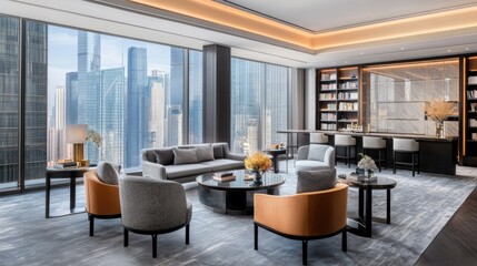 The study room showcases a luxurious orange fabric chair with silver legs and gray woven patterns, complemented by a round footstool for a cozy yet elegant atmosphere
