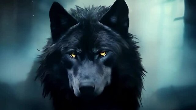 loup noir sortant du brouillard
