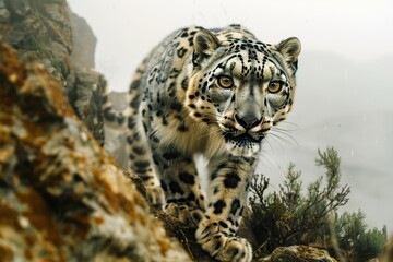 Fototapeta premium a snow leopard's gaze is intense as it navigates the rugged landscape. This image captures the essence of survival and the raw beauty of this endangered species in its frigid home.