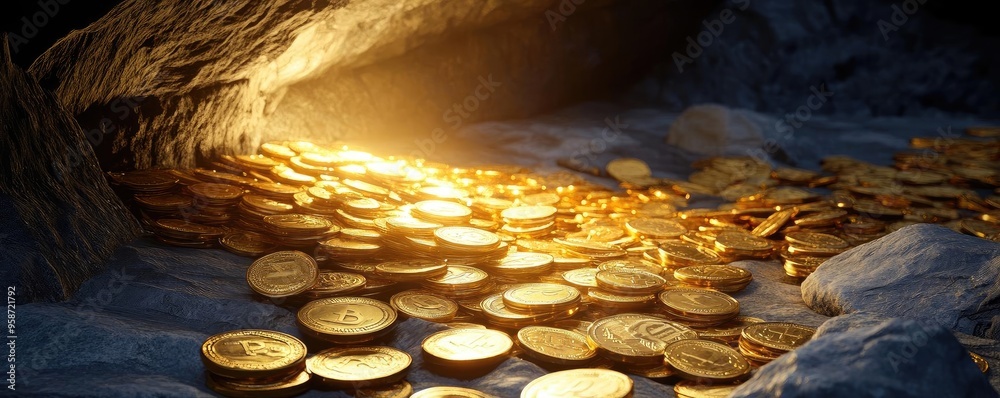 Poster a glowing treasure trove of golden coins illuminated by soft light, nestled in a rocky cave, symboli