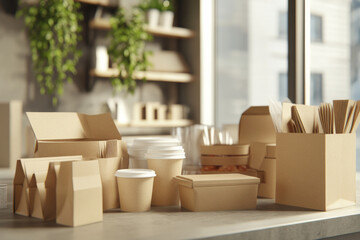 Biodegradable kraft food and drink packaging items, including cups, boxes, and bags, are displayed on a modern counter in a bright environment.