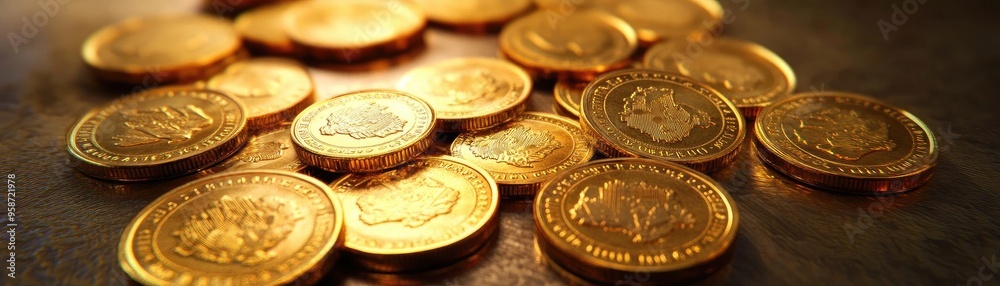Aufkleber a close-up view of shiny gold coins scattered on a textured surface, symbolizing wealth and prosperi