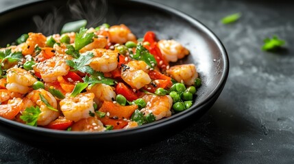 Delicious shrimp stir-fry with vibrant vegetables and fresh herbs, capturing the essence of tasty Asian cuisine on a dark background.