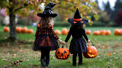 girls dressed as witches for halloween, holding pumpkins, standing with their backs