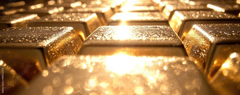 Aufkleber close-up view of gleaming gold bars, reflecting warm light and showcasing exquisite texture and luxu