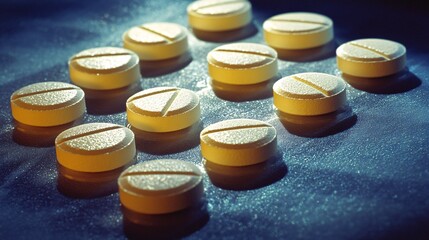 Photogram of medicine tablets arranged to form a geometric pattern casting sharp shadows on a light-sensitive surface Stock Photo with copy space