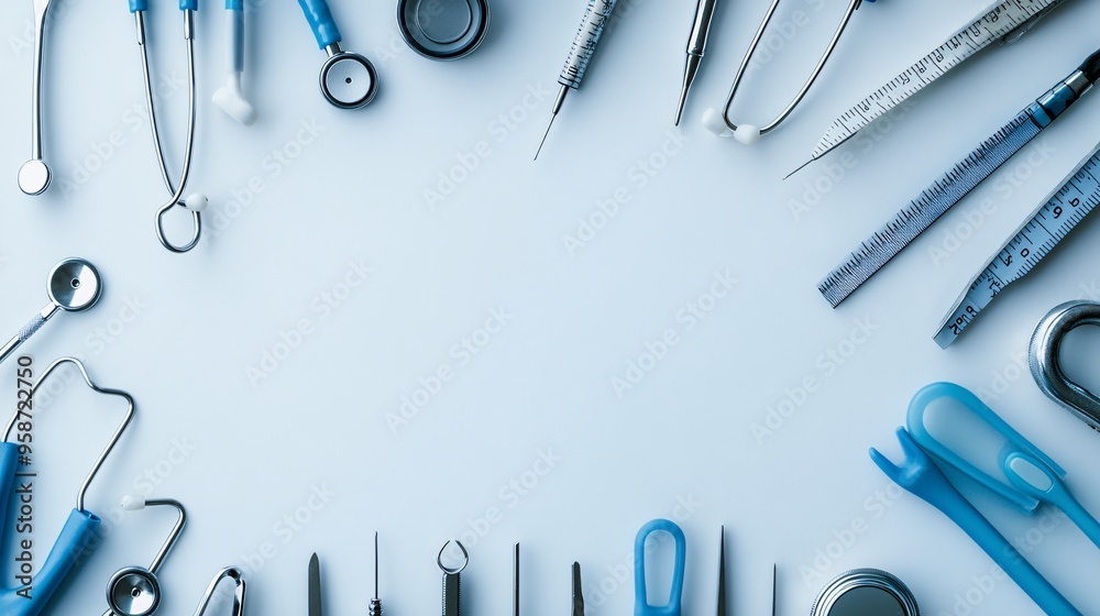 Poster medical instruments silhouettes on a white background with strong contrast between the shadows and t
